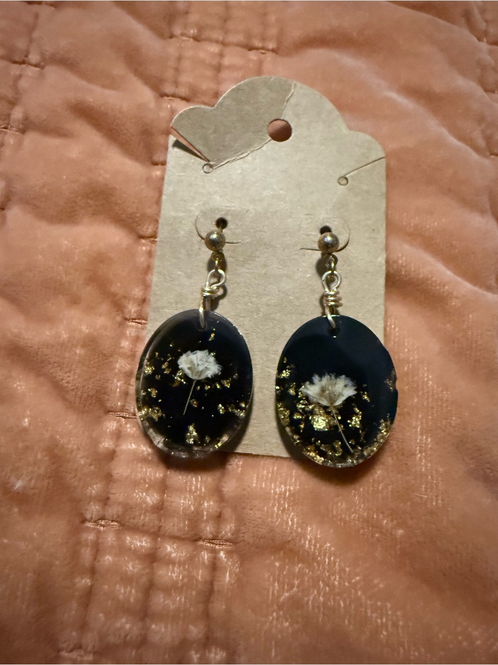 Handmade Black Resin Floral Drop Earrings with Gold Flakes